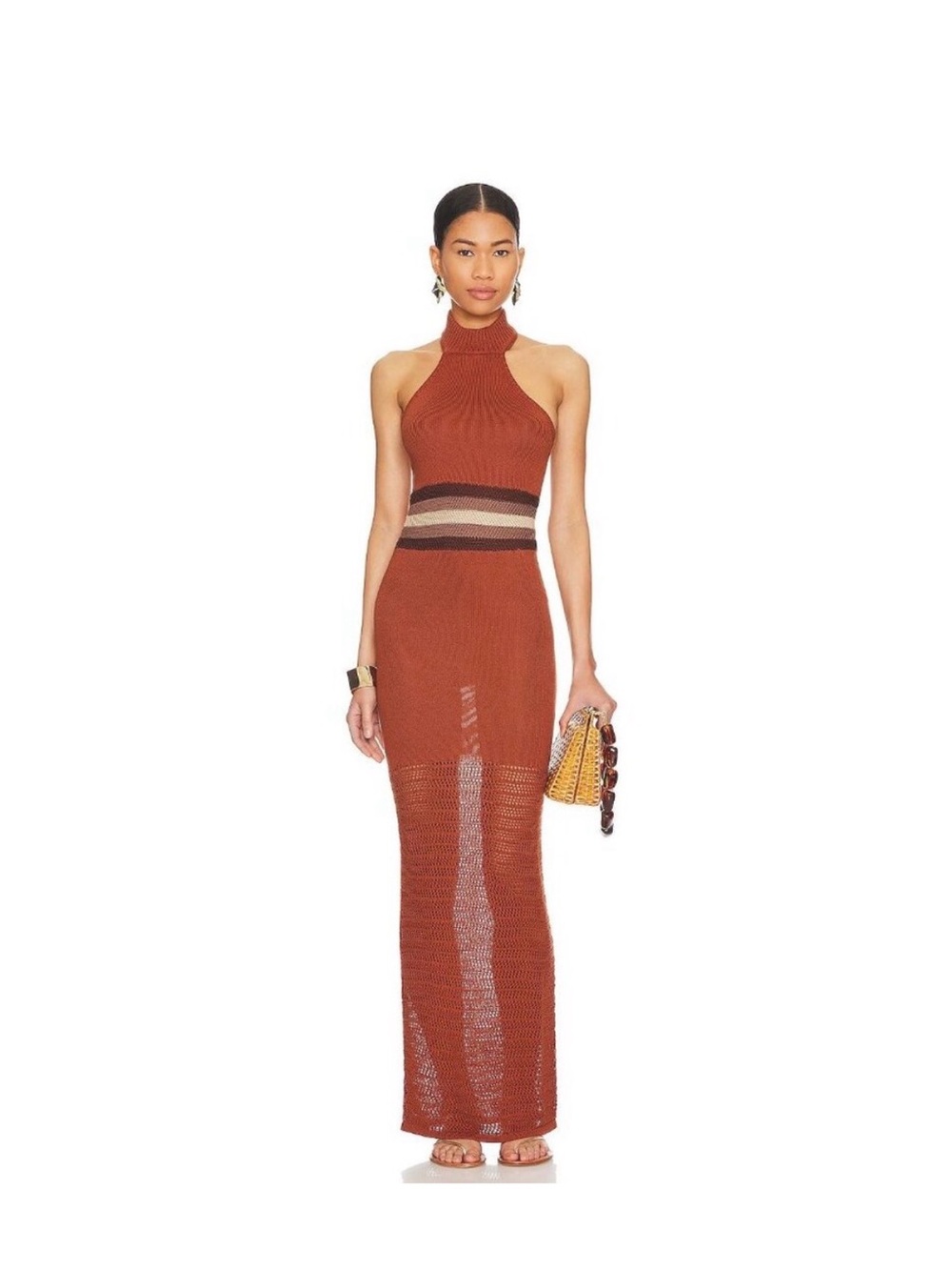 House of Harlow 1960 Rust Halter Maxi Dress with Striped Waist